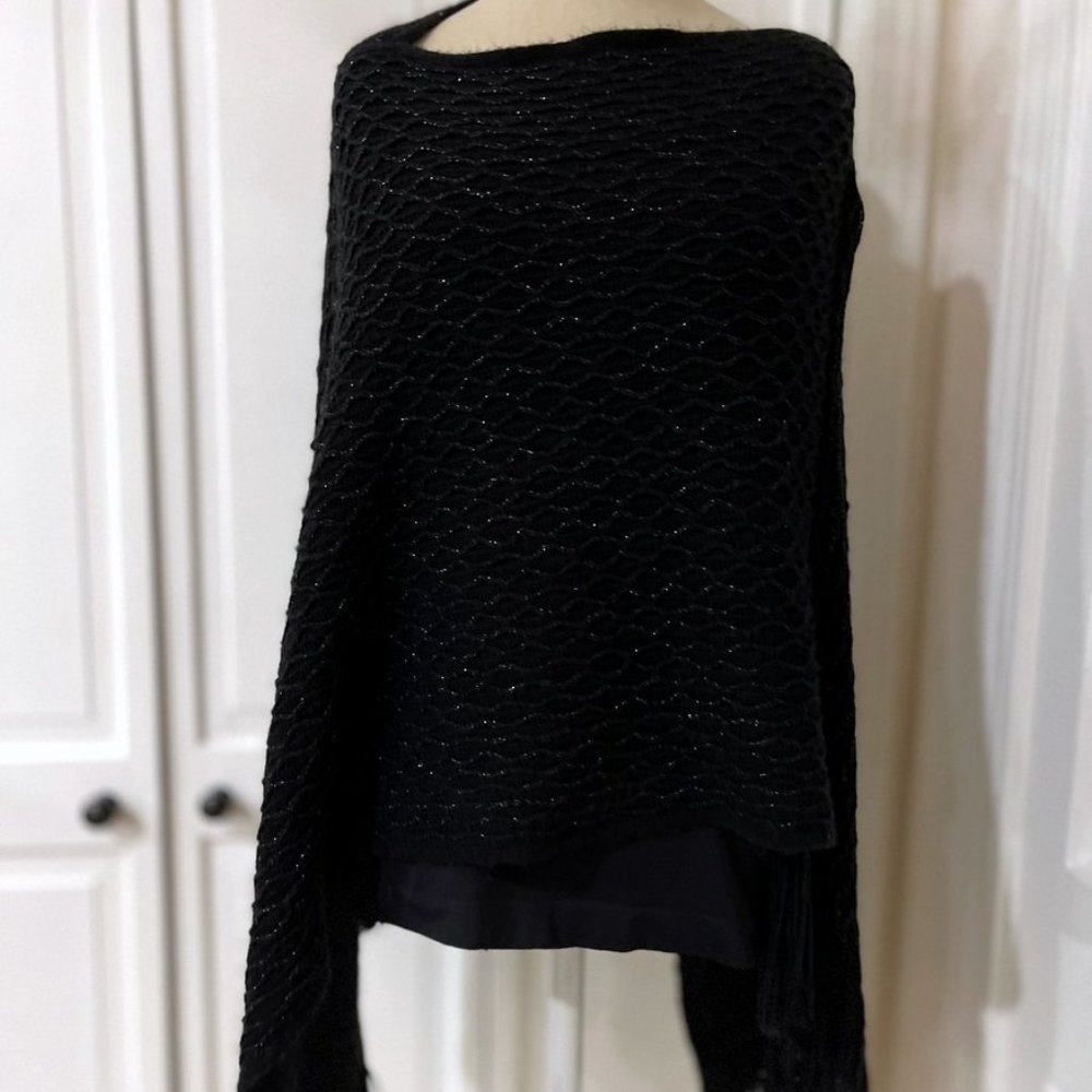 Look Poncho Sweater Womens Black Metallic Boat Neck Pullover Fringed Sides OS